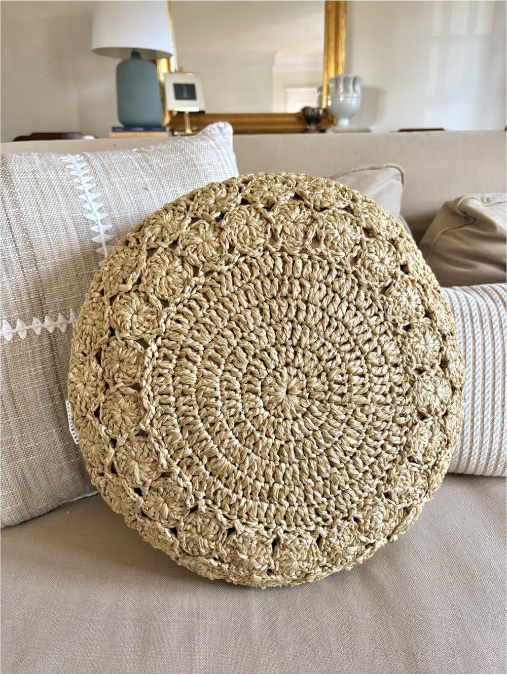 Pottery Barn || Round Crochet Raffia Accent Pillow Beachy Boho Tan Khaki